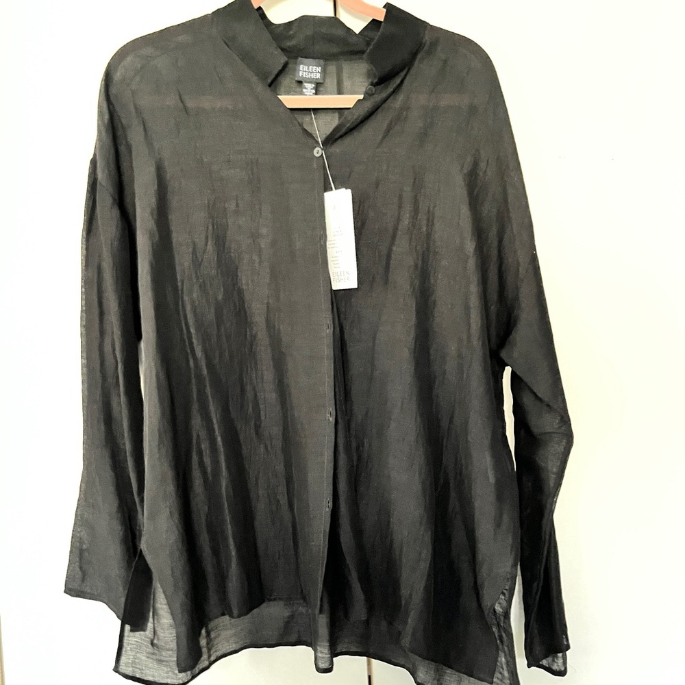 Eileen Fisher Black Sheer Button-Up Blouse